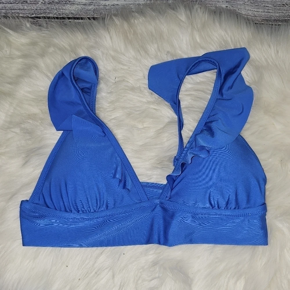 AERIE Ruffle Long Line Bikini Top -Xlarge , Blue Vibe Summer Vibes Festival Less